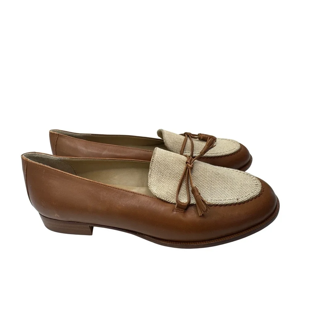 Talbots Womens 7.5W Brown Leather Canvas Tassel Loafers Made in Italy Vero Cuoio